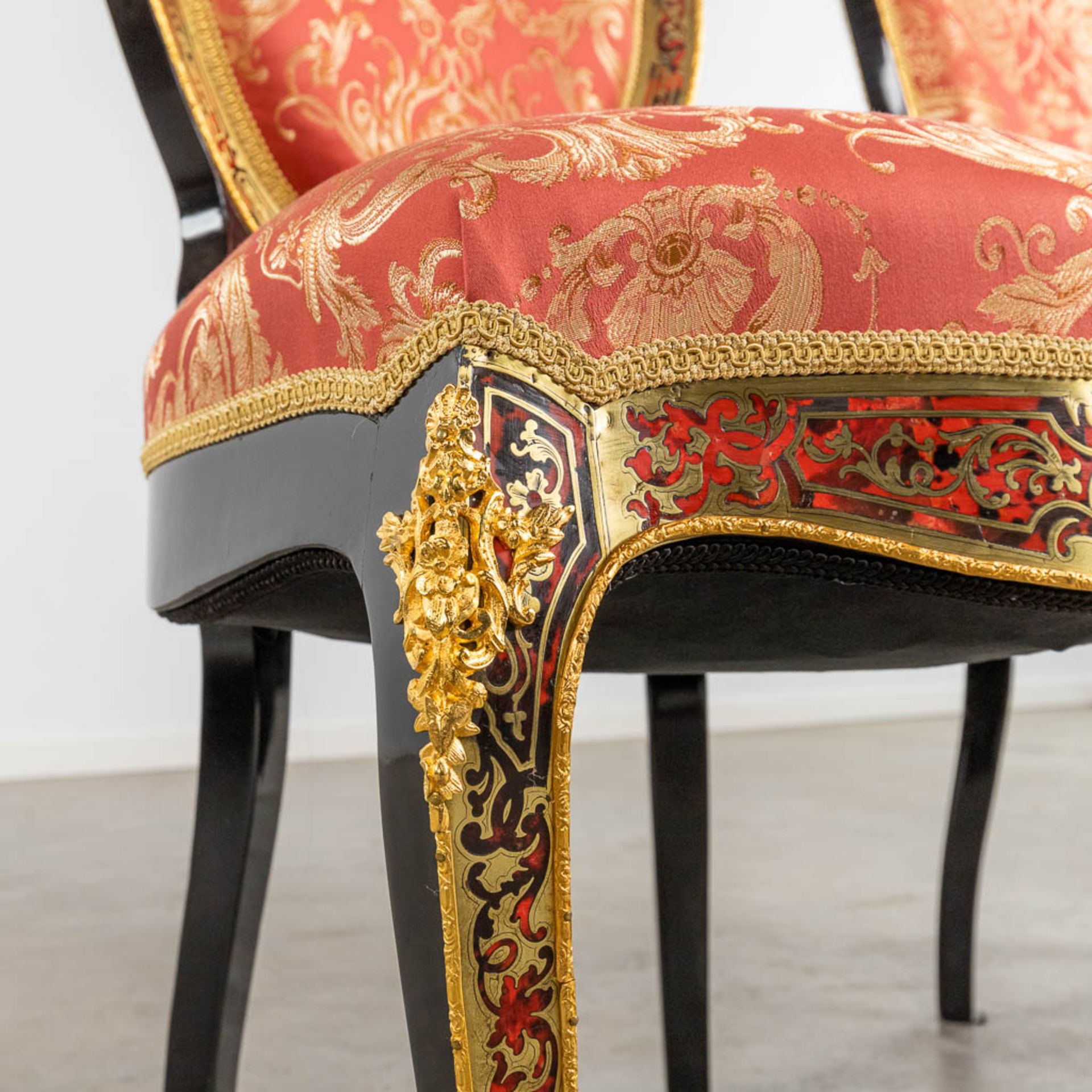 A pair of Chairs, Boulle technique, tortoise shell and copper inlay, Napoleon 3, 19th C. (D:56 x W:5 - Image 13 of 14