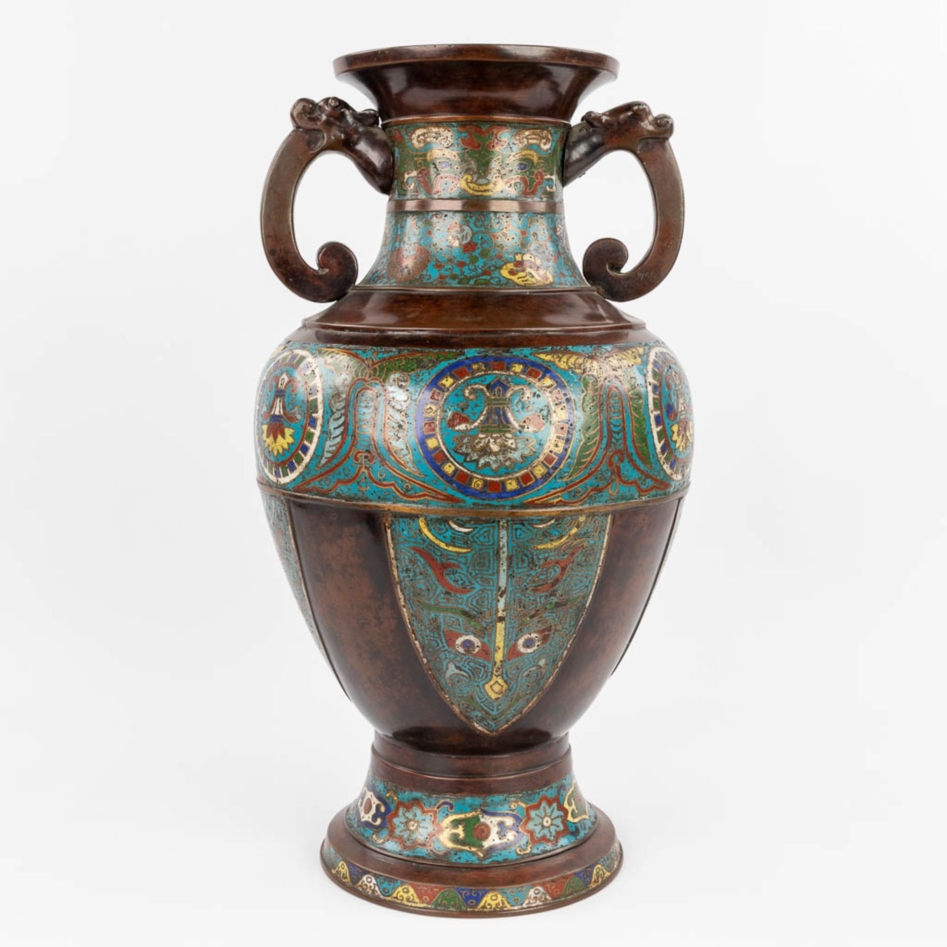 A large Oriental vase made of bronze with a champselvé decor. (H:60 x D:36 cm) - Image 5 of 13