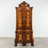 An antique corner cabinet with marquetry in Louis XV style. The Netherlands, 18th C. (D:56 x W:105 x