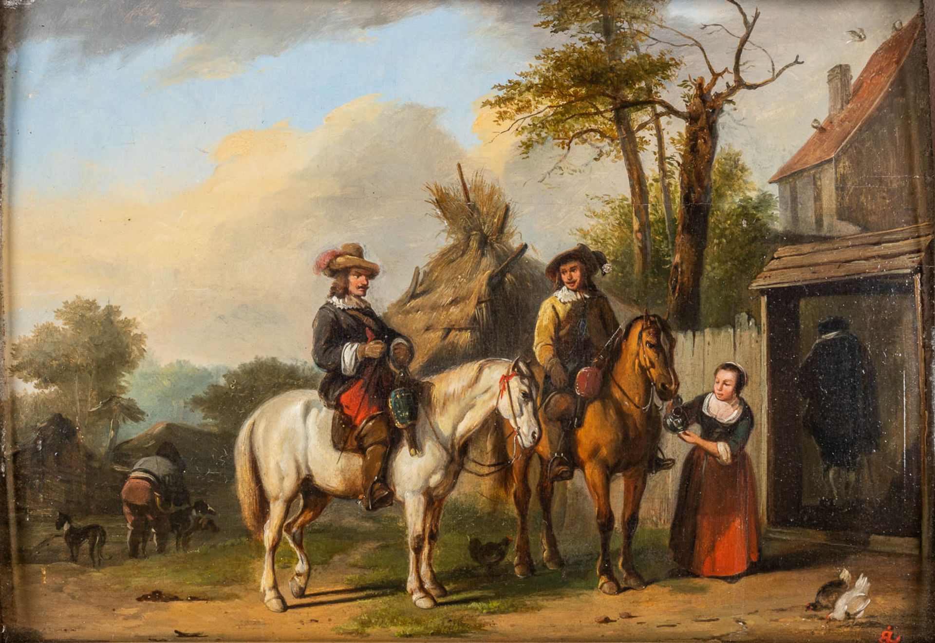 An antique painting, 'Travelling by Horse' oil on panel. 19th C. (W:35 x H:26 cm)