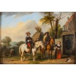 An antique painting, 'Travelling by Horse' oil on panel. 19th C. (W:35 x H:26 cm)