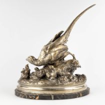 Alphonse ARSON (1822-1895) 'Pheasant with chicks' silver-plated bronze. 1864. (D:32 x W:60 x H:64 cm