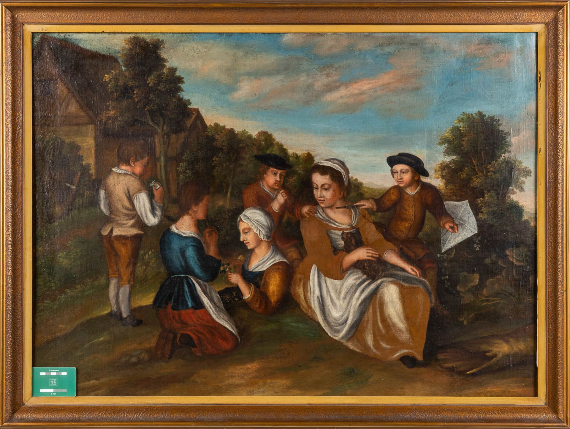 An antique painting, 'Ladies in the garden with children' oil on canvas. 18th C. (W:96 x H:70 cm) - Image 2 of 9