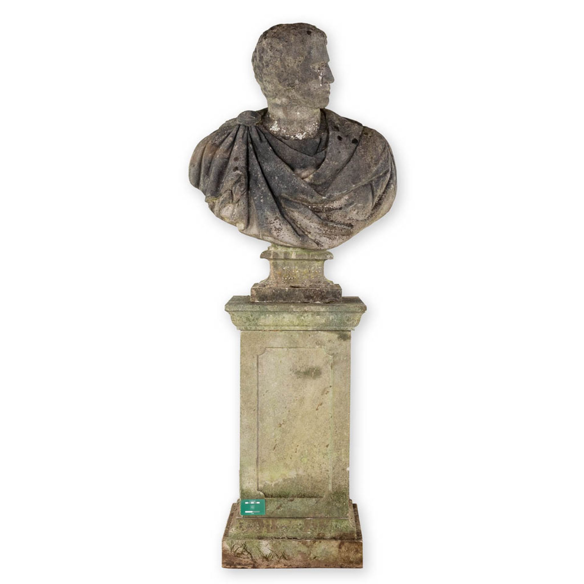 Bust of a Roman on a pedestal, probably Caesar, cast concrete. 20th C. (D:36 x W:75 x H:97 cm) - Image 2 of 10