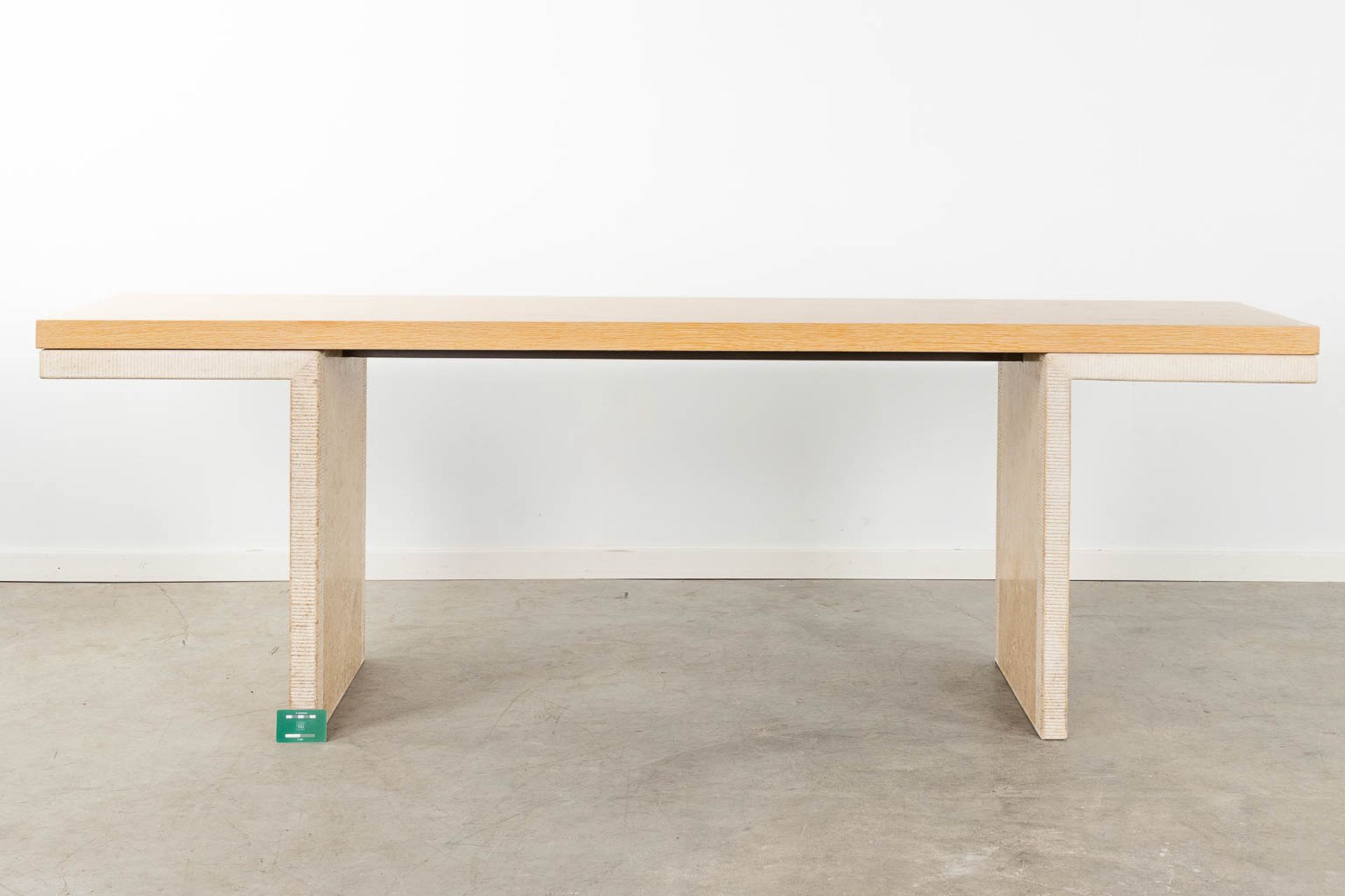 A pair of console tables, travertine with an oak veneered top. 20th C. (D:50 x W:220 x H:73 cm) - Image 2 of 13