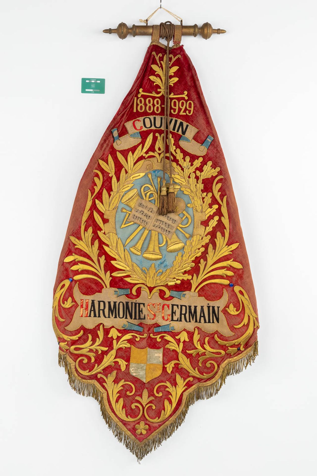 An antique banner, 'Harmonie Saint Germain, Couvin', and used in the front of a marching orchestra. - Image 2 of 10