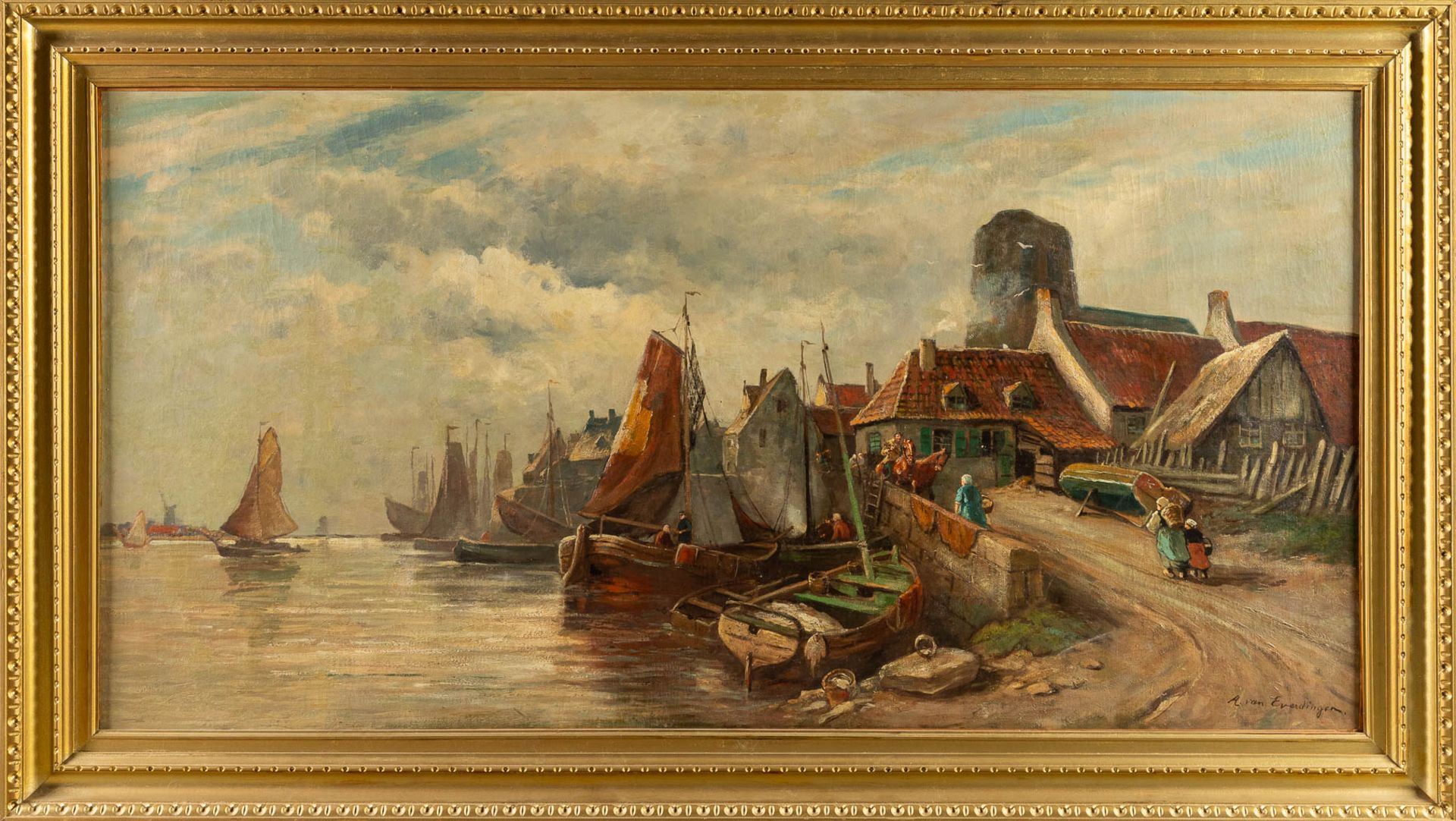 Adriaen VAN EVERDINGEN (1832-1912) 'Village near the river' oil on canvas. (W:171 x H:90 cm) - Image 3 of 8