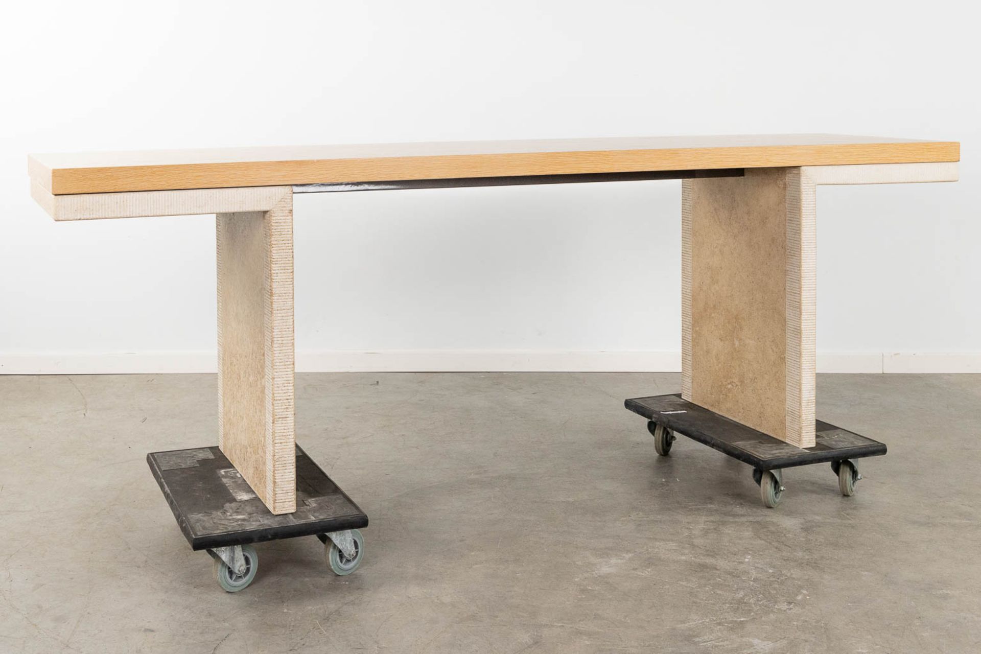 A pair of console tables, travertine with an oak veneered top. 20th C. (D:50 x W:220 x H:73 cm) - Image 6 of 13