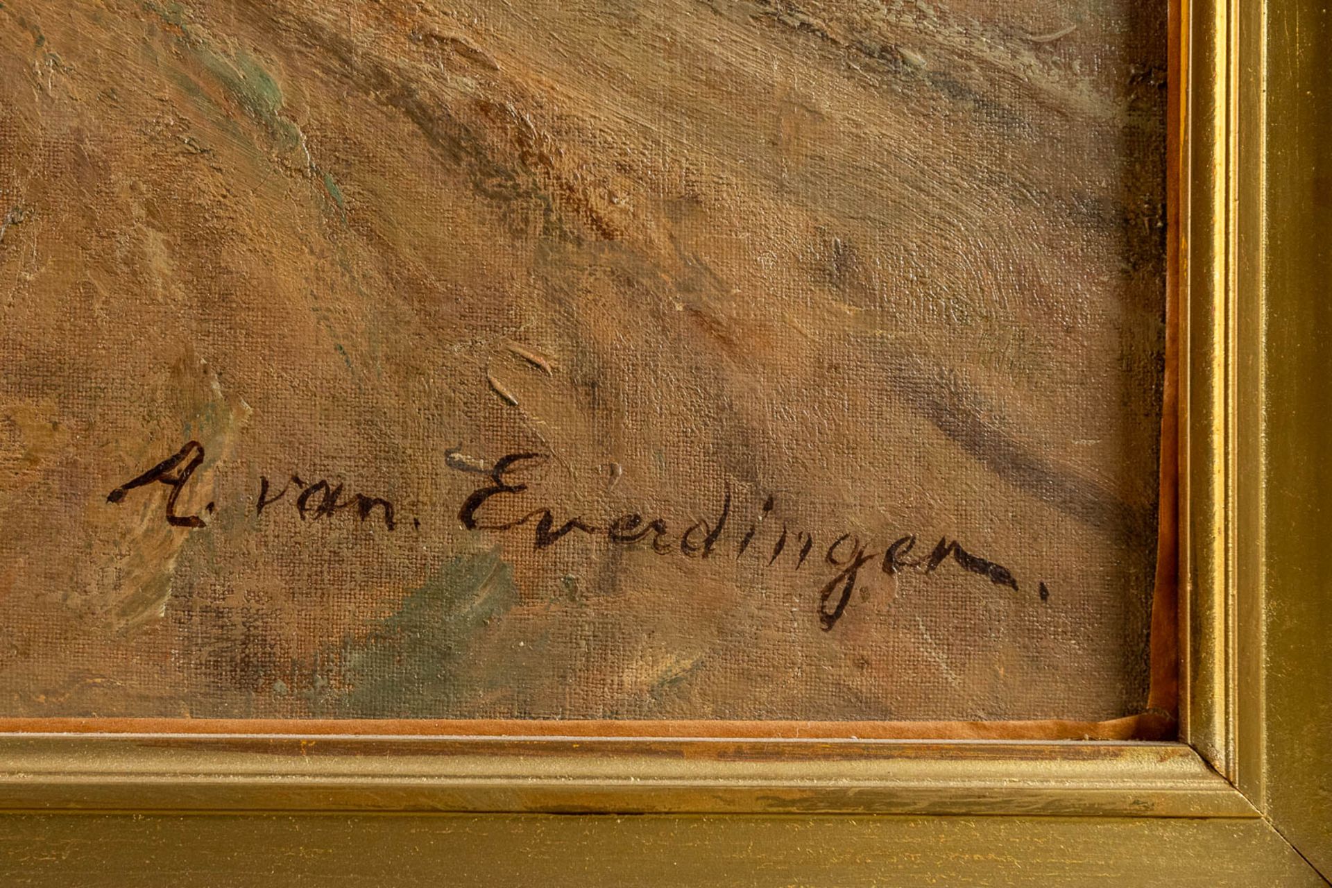 Adriaen VAN EVERDINGEN (1832-1912) 'Village near the river' oil on canvas. (W:171 x H:90 cm) - Image 7 of 8