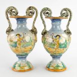A pair of vases with hand-painted decor, Italian Majolica. 19th C. (D:15 x W:17 x H:34 cm)