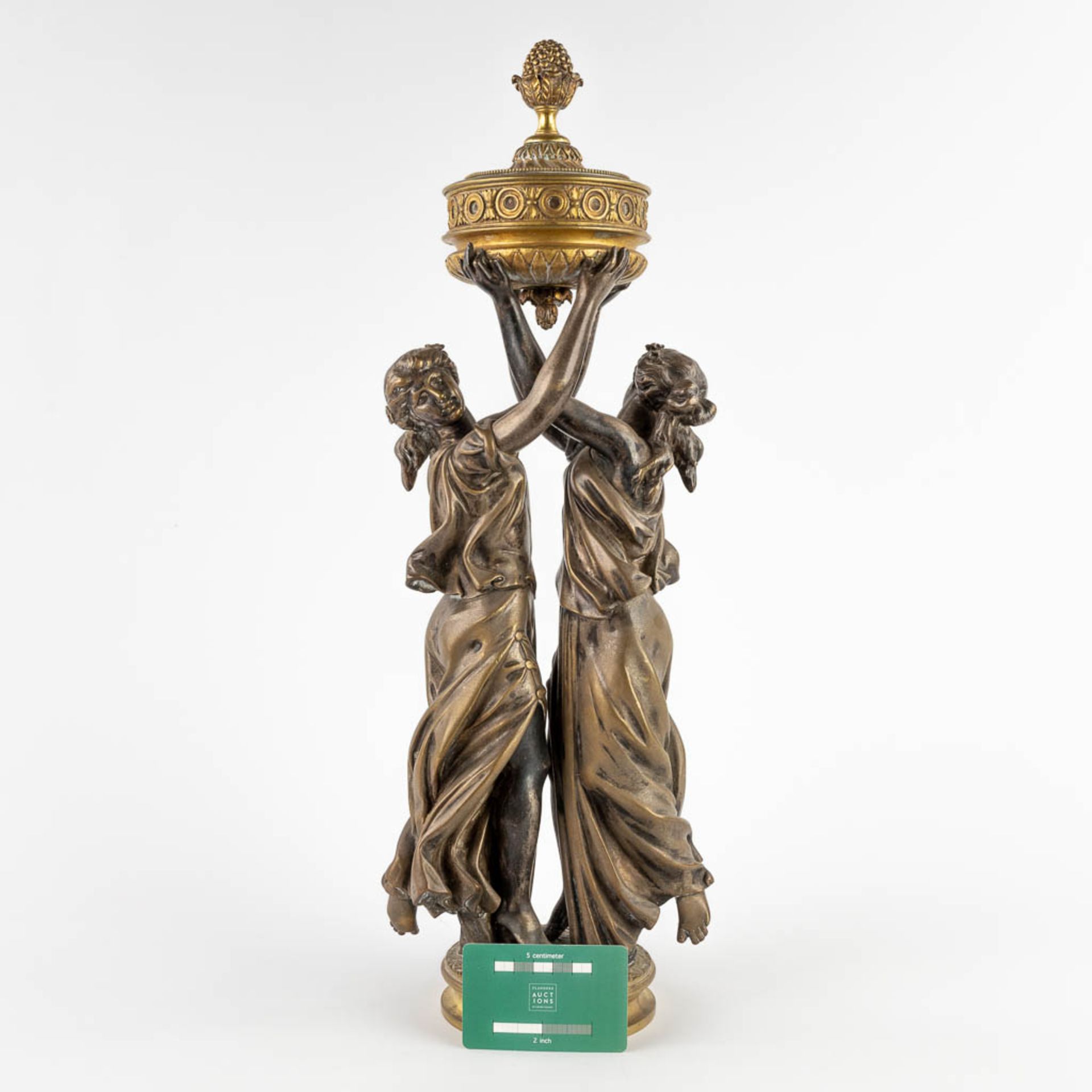 A large figurine of two graces, silver-plated and polished bronze. 19th C. (D:10 x W:18 x H:53 cm) - Image 2 of 11