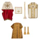 A Roman Chasuble, Humeral Veil and Dalmatic, Thick Gold thread embroideries.