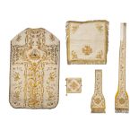 A Roman Chasuble, Chalice Veil, Stola and Brusa, thick gold thread embroideries. (H:110 cm)