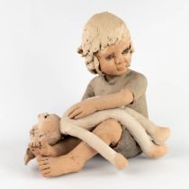 Jan DUMORTIER (XX-XXI) 'Child with a stuffed rabbit' terracotta. (D:32 x W:42 x H:44 cm)