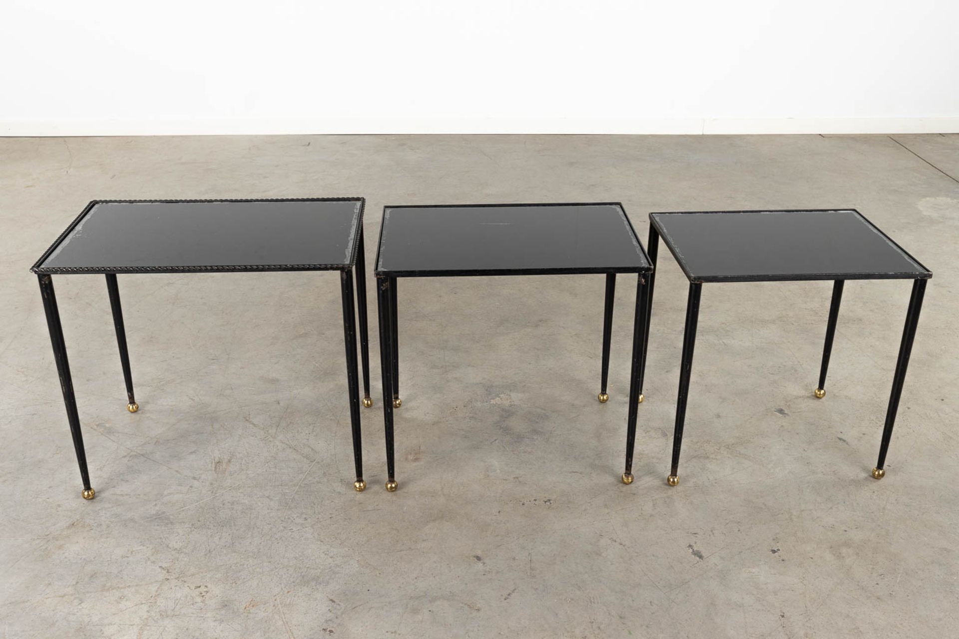 A set of Nesting tables, metal and black tinted glass. 20th C. (D:56 x W:37 x H:50 cm) - Image 6 of 10