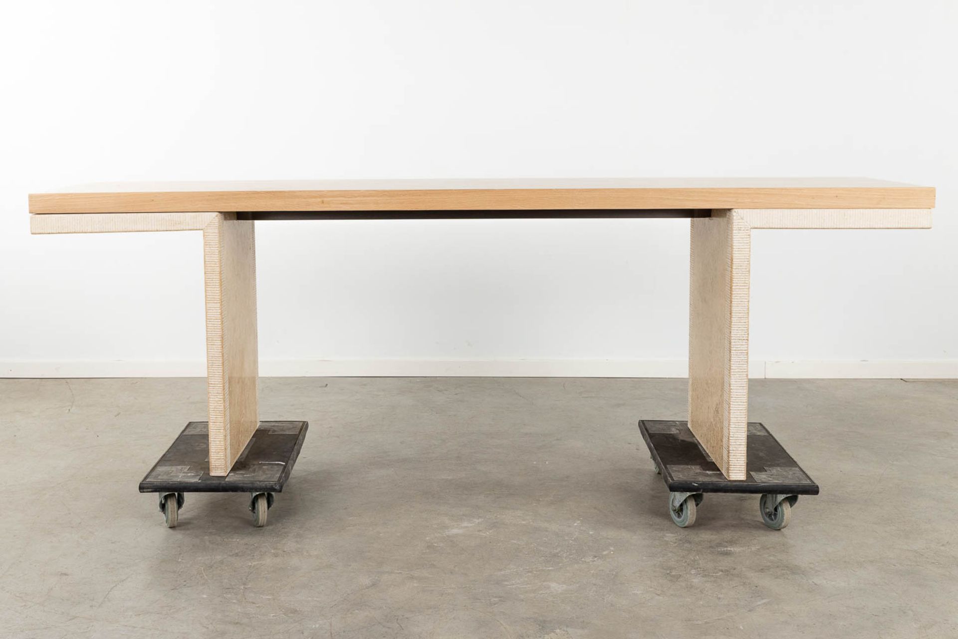 A pair of console tables, travertine with an oak veneered top. 20th C. (D:50 x W:220 x H:73 cm) - Image 8 of 13