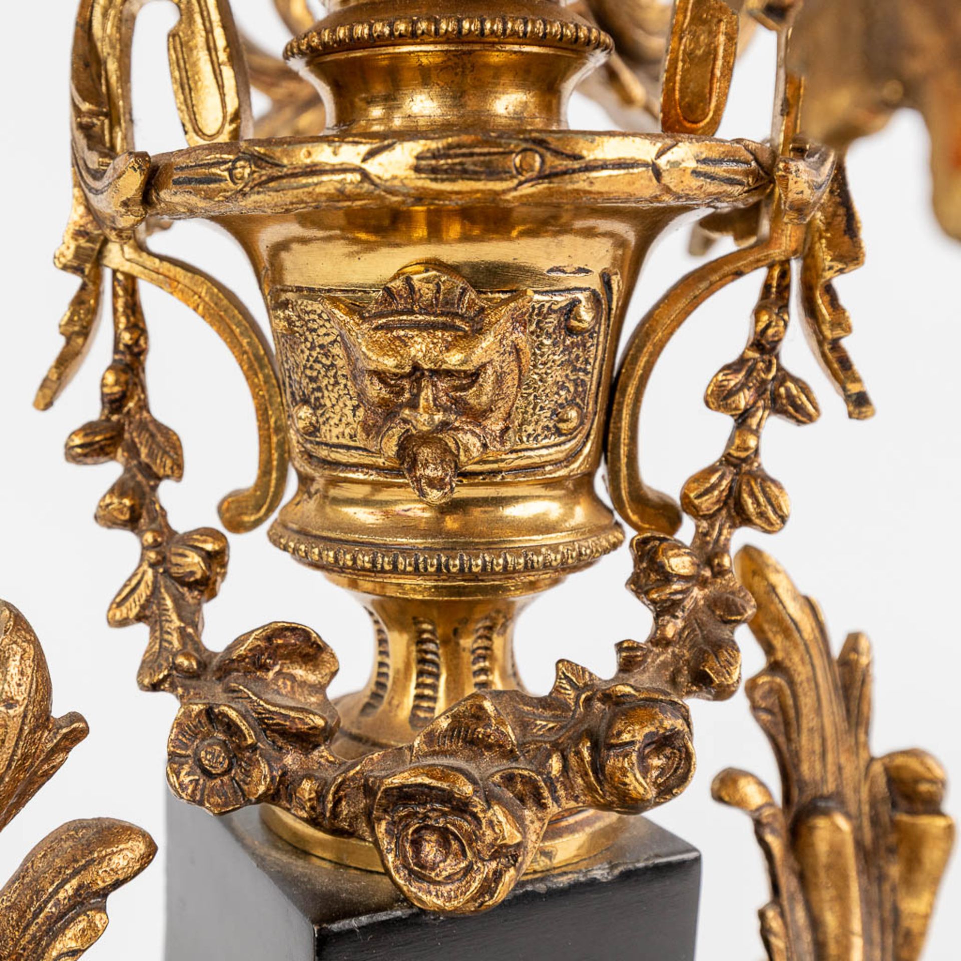 A three-piece mantle garniture clock and candelabra, Louis XV style. Circa 1970. (D:25 x W:51 x H:55 - Image 13 of 14