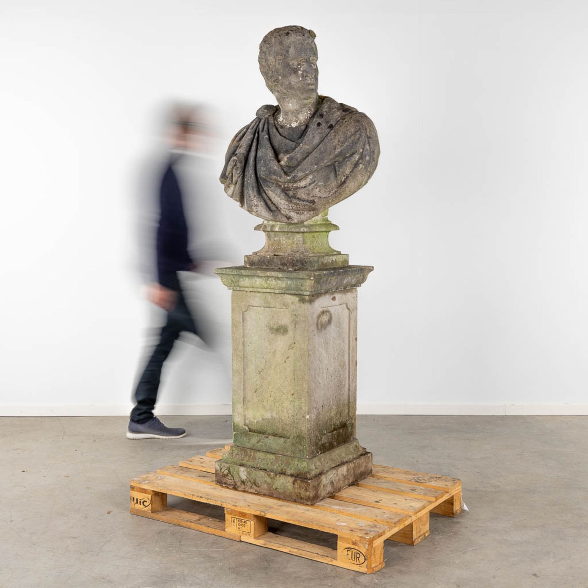 Bust of a Roman on a pedestal, probably Caesar, cast concrete. 20th C. (D:36 x W:75 x H:97 cm) - Image 9 of 10