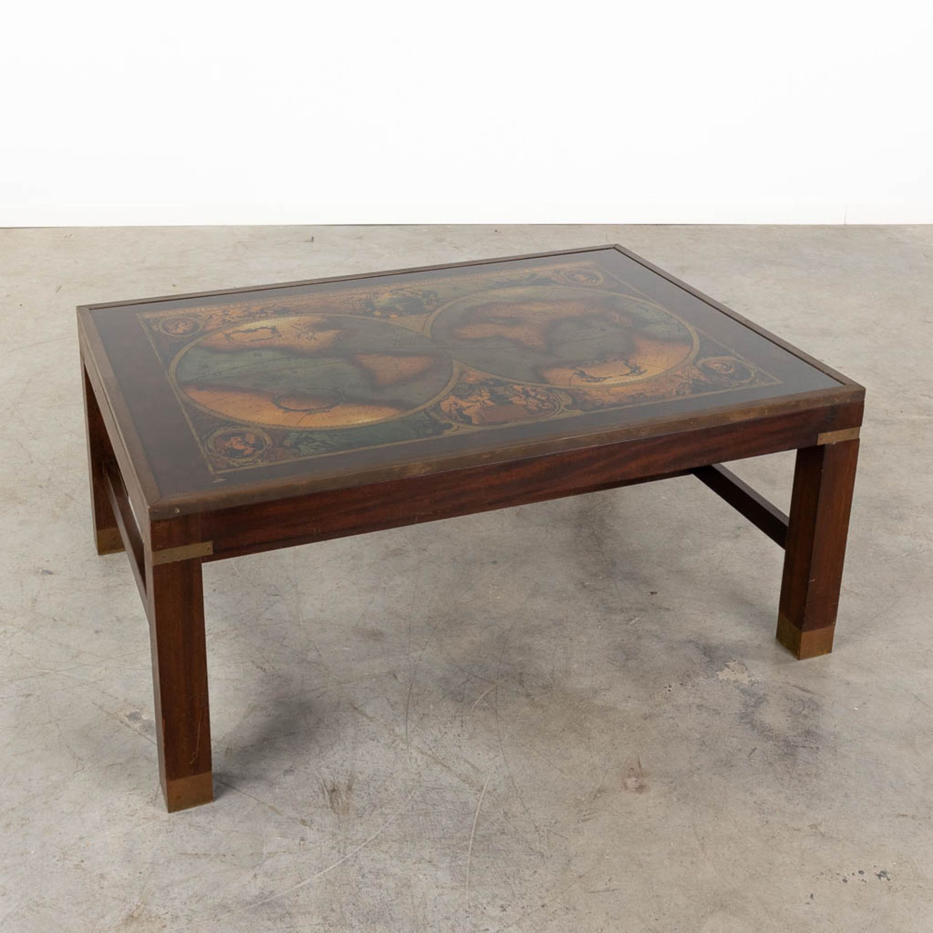 A mic-century coffee table with 'Mappa Mundi'. (D:72 x W:105 x H:46 cm)