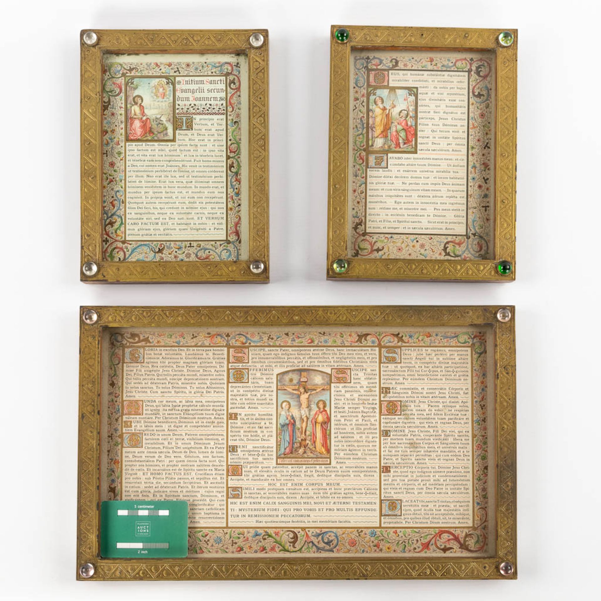 A set of 3 Religious Frames or Canon Boards. Wood with brass and finished with cabochons. Circa 1900 - Image 2 of 9