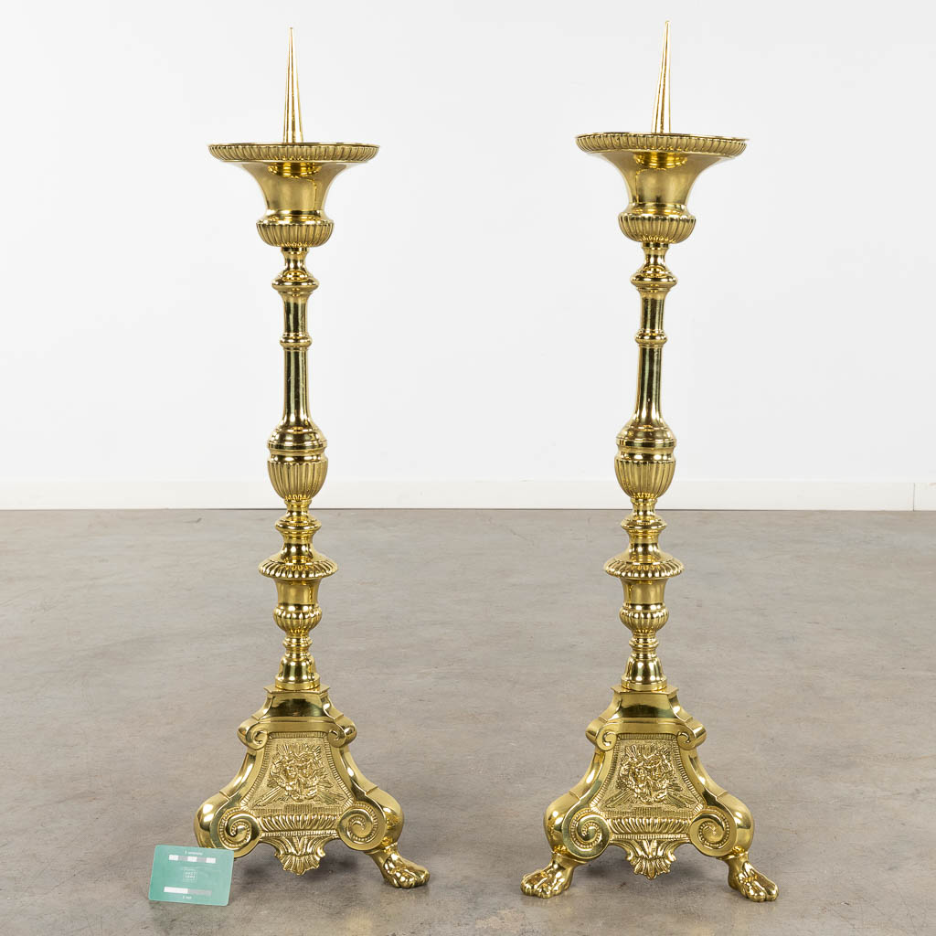 A pair of church candlesticks or candle holders polished bronze. 19th C. (D:24 x W:27 x H:88 cm) - Image 2 of 15