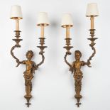 A pair of wall lamps, gilt bronze decorated with 2 figurines. 20th C. (W:30 x H:74 cm)