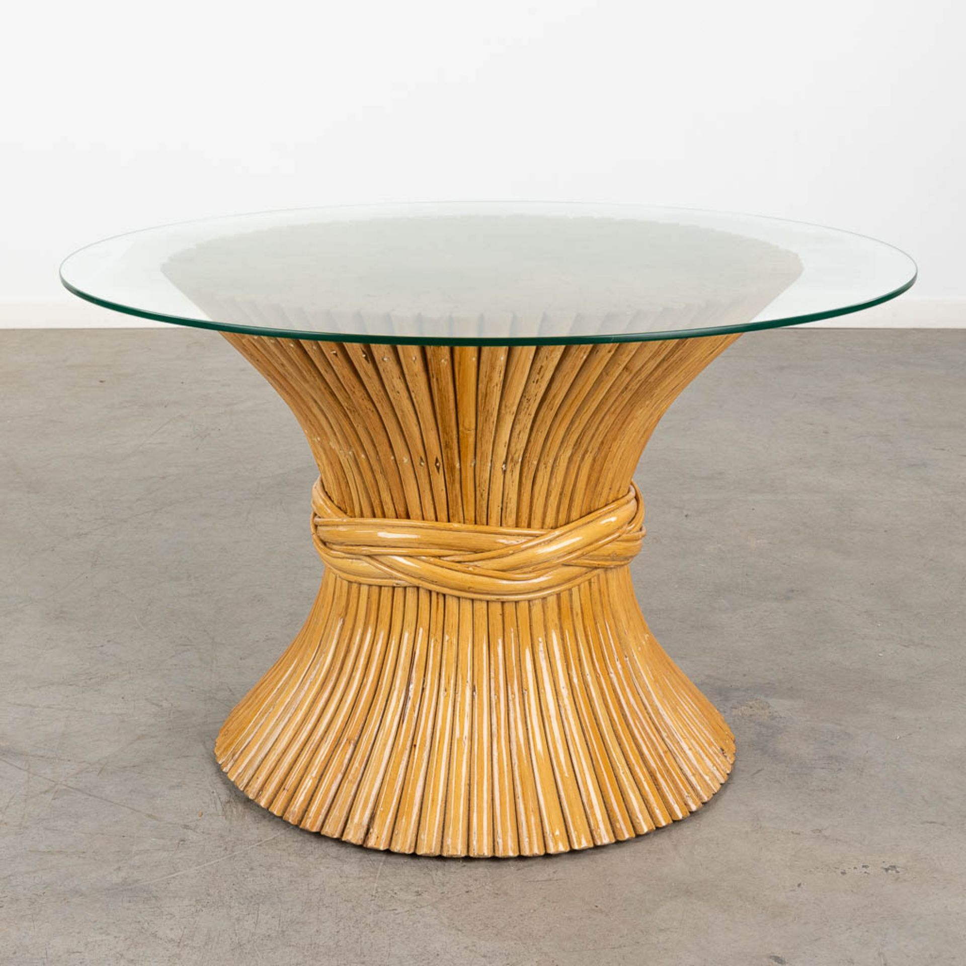 John MCGUIRE (1920-2013)(Attr.) 'Sheaf of Wheat Coffee Table, Bamboo Coffee table' with a glass top.