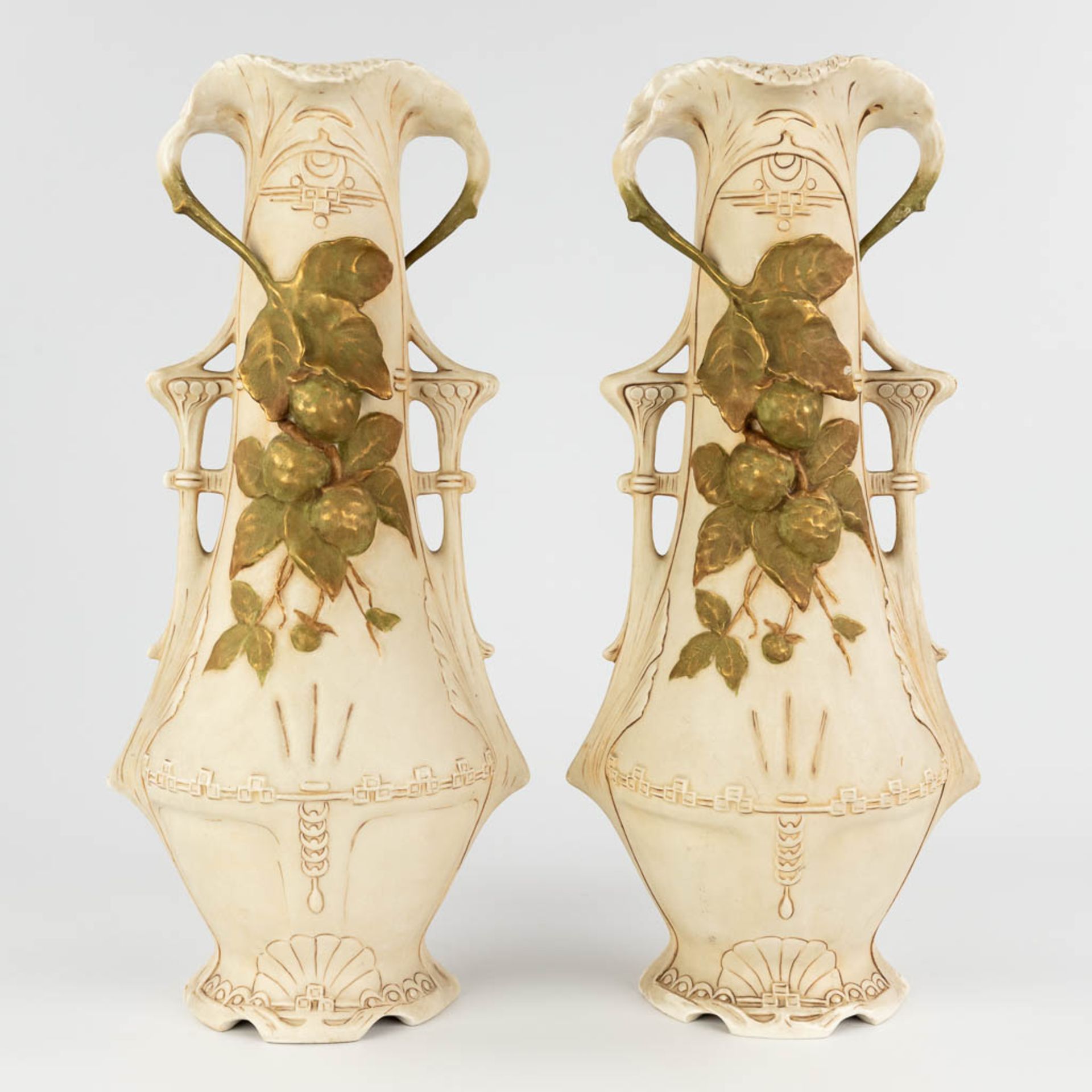 Royal Dux, a pair of faience vases, art nouveau. Circa 1900. (D:18 x W:22 x H:48 cm) - Image 5 of 14