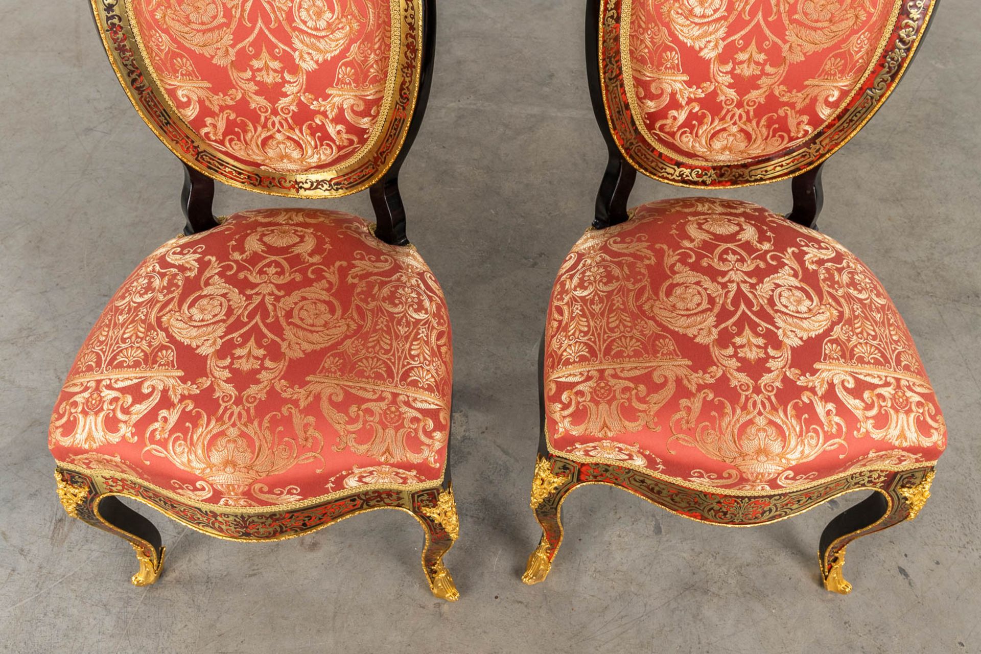 A pair of Chairs, Boulle technique, tortoise shell and copper inlay, Napoleon 3, 19th C. (D:56 x W:5 - Image 8 of 14