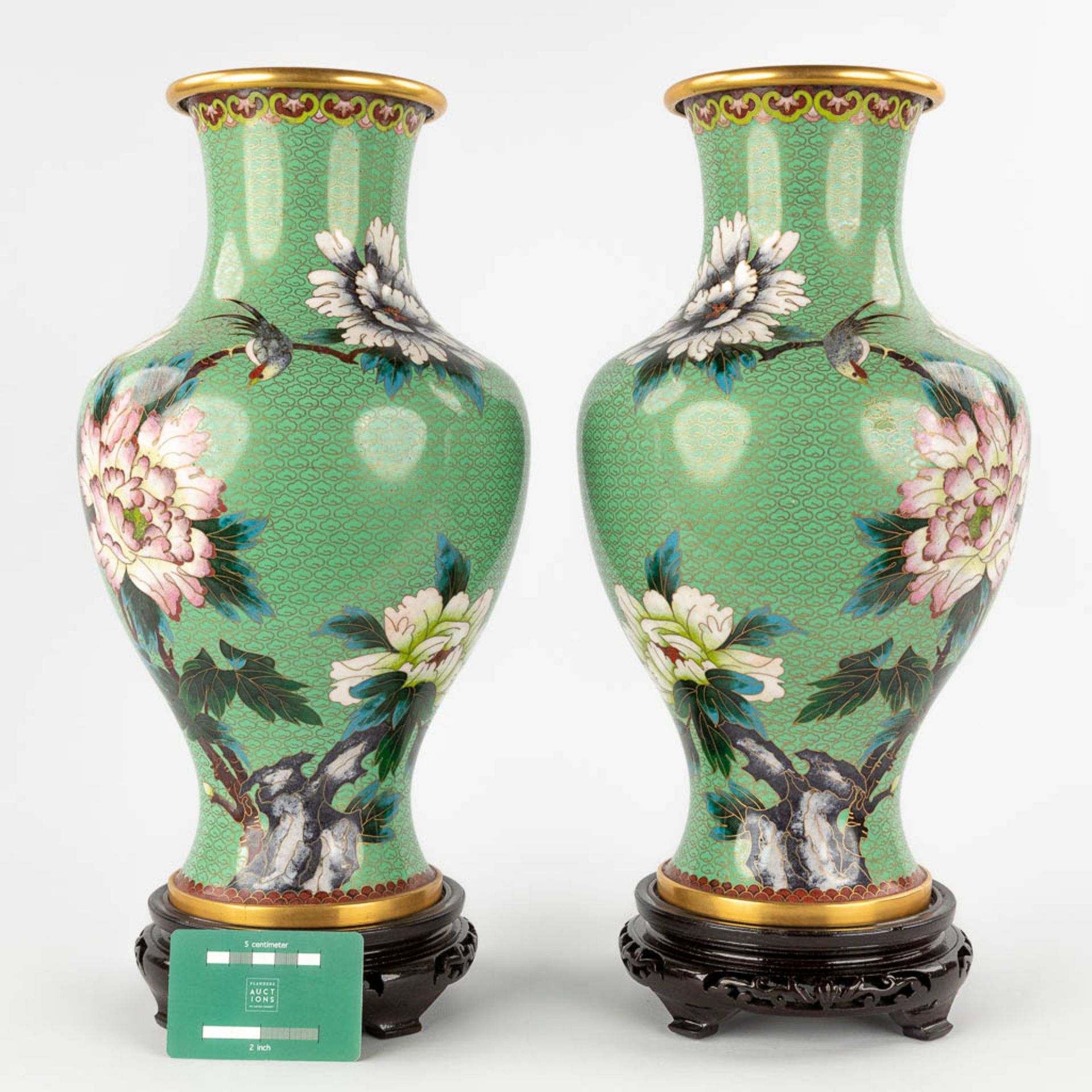 A pair of bronze vases with cloisonné enamel decor of fauna and flora. 20th C. (H:38 x D:22 cm) - Bild 2 aus 16