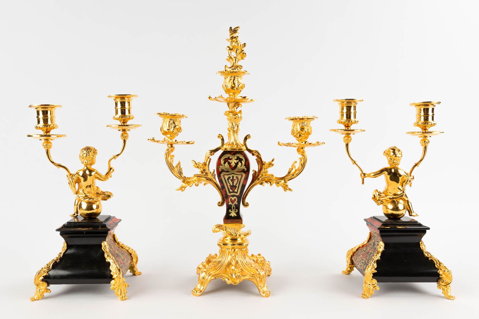 Three table candelabra, gilt bronze and Boulle, tortoise Shell and copper inlay. Napoleon 3, 19th C. - Image 5 of 12