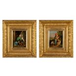 A pair of pendant paintings, decor of figurines. Oil on canvas. 19th C. (W:17,5 x H:20,5 cm)