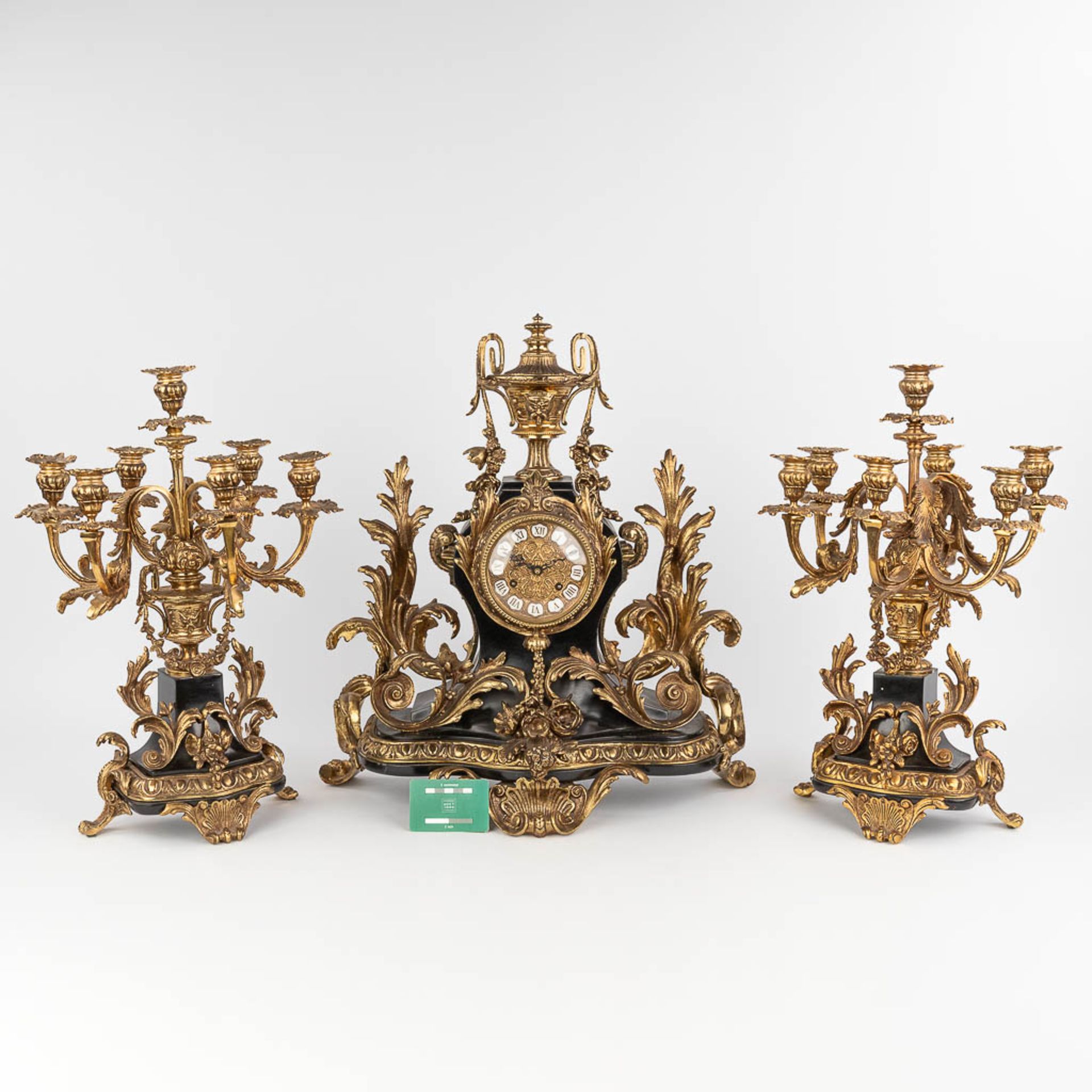 A three-piece mantle garniture clock and candelabra, Louis XV style. Circa 1970. (D:25 x W:51 x H:55 - Image 2 of 14