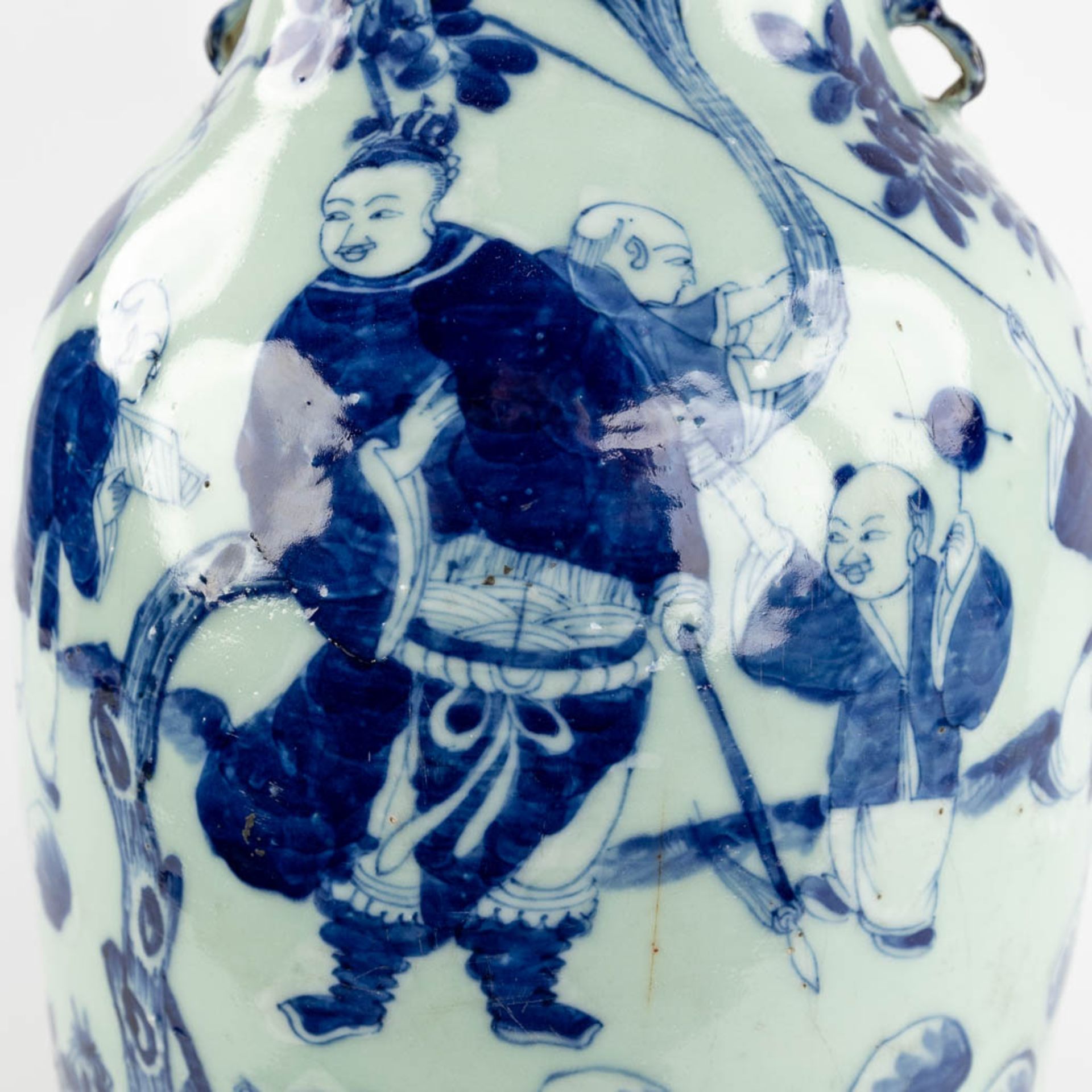 A Chinese celadon vase, blue-white, decorated with wise men. 19th/20th C. (H:59 x D:23 cm) - Image 10 of 16