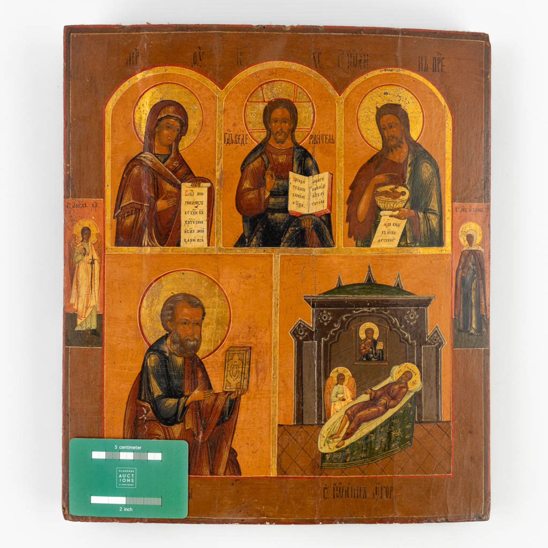 An Eastern European icon 'Christus Pantocrator, Marcus, John The Babtist, Mary'. (W:31 x H:35,5 cm) - Bild 2 aus 8