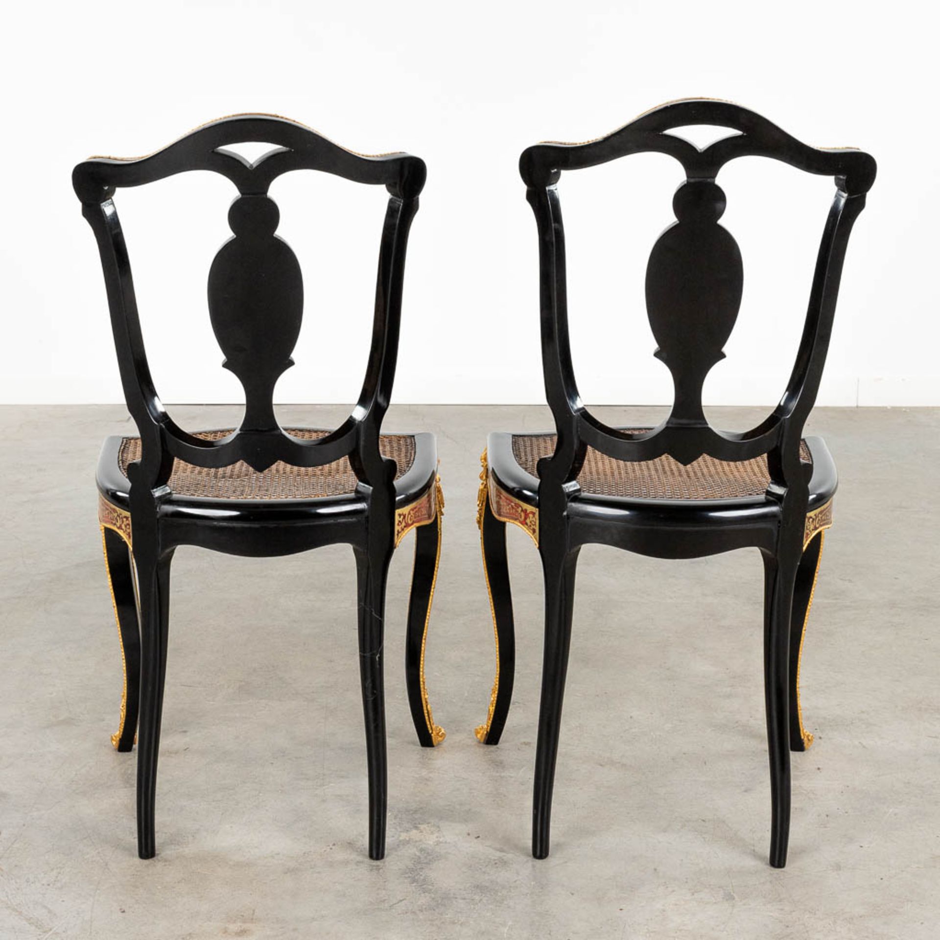 A pair of chairs, Boulle, tortoise shell and copper inlay, Napoleon 3, 19th C. (D:47 x W:46 x H:90 c - Image 5 of 11