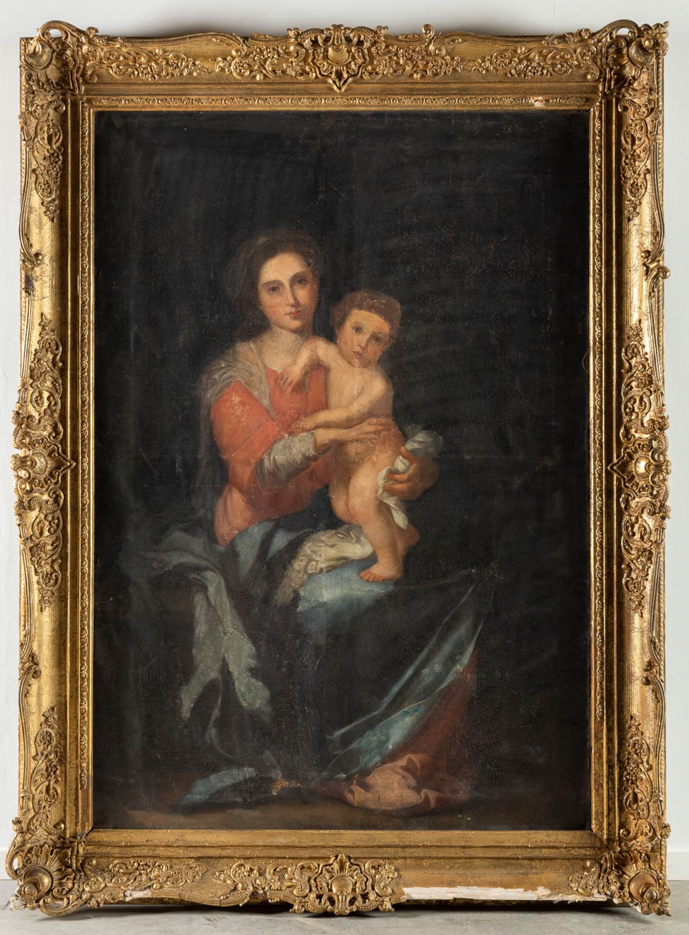 A large painting after Bartolomé Esteban Murillo, 'Mother and Child' oil on canvas. (W:108 x H:156 c - Image 3 of 12