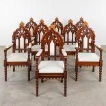 An exceptional set of 8 Thrones, sculptured wood in a gothic revival style. Circa 1880. (D:47 x W:56