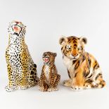 Three glazed ceramic figurines, tiger and leopards. 20th C. (D:21 x W:34 x H:53 cm)