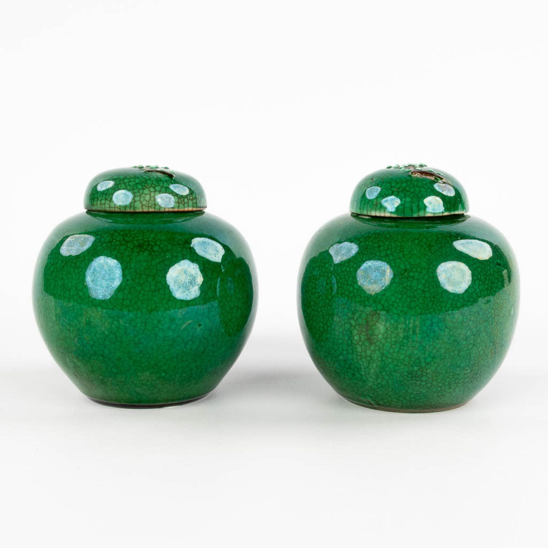 A pair of Chinese ginger jars, decorated with flowering bonsai and a green glaze. 19th C. (H:12 x D: - Bild 4 aus 11