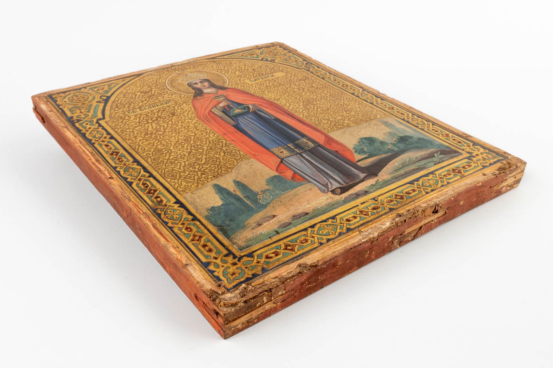 An Antique Eastern European icon, 'Saint Barbara with a Chalice'. 19th C. (W:39 x H:36 cm) - Bild 5 aus 6