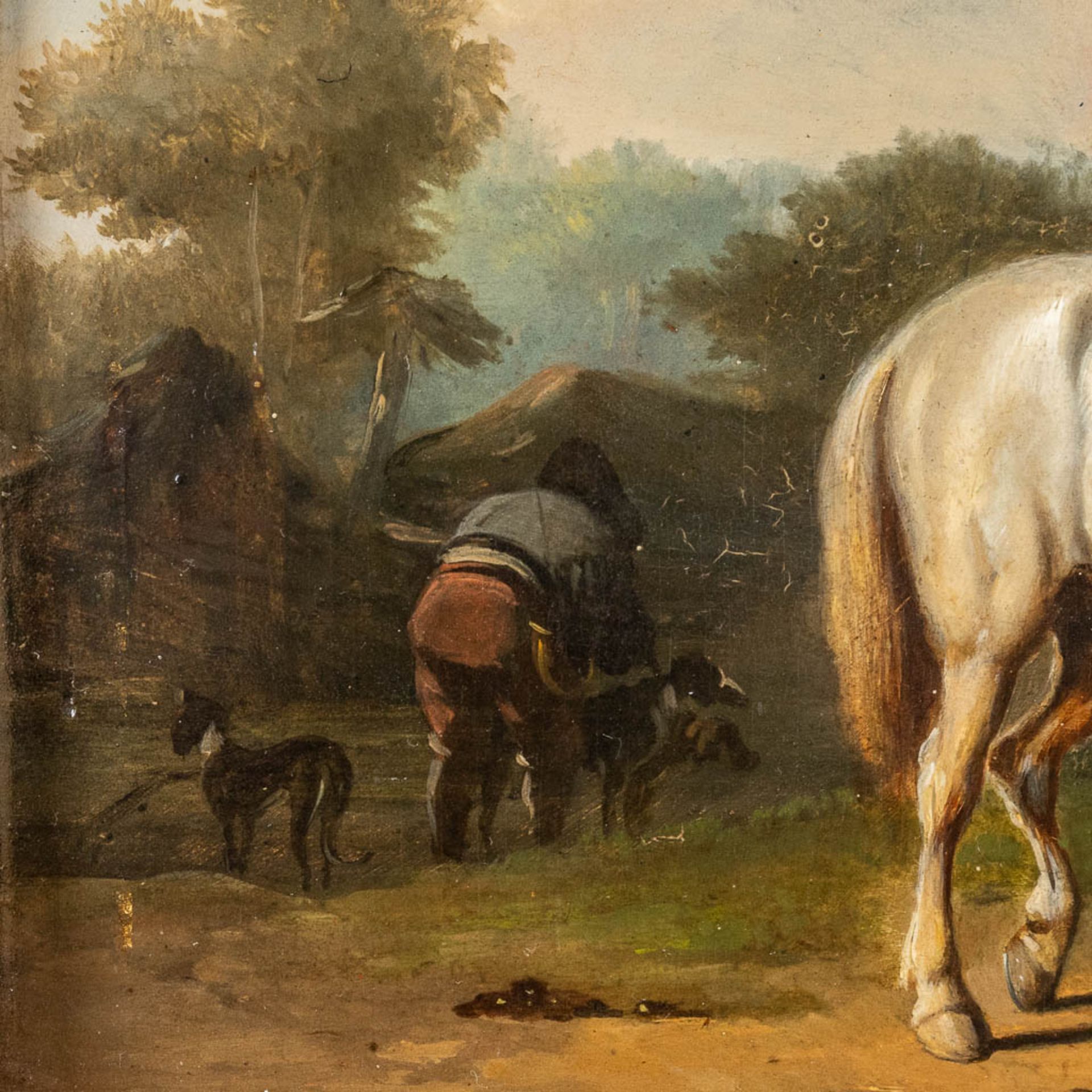An antique painting, 'Travelling by Horse' oil on panel. 19th C. (W:35 x H:26 cm) - Image 4 of 8