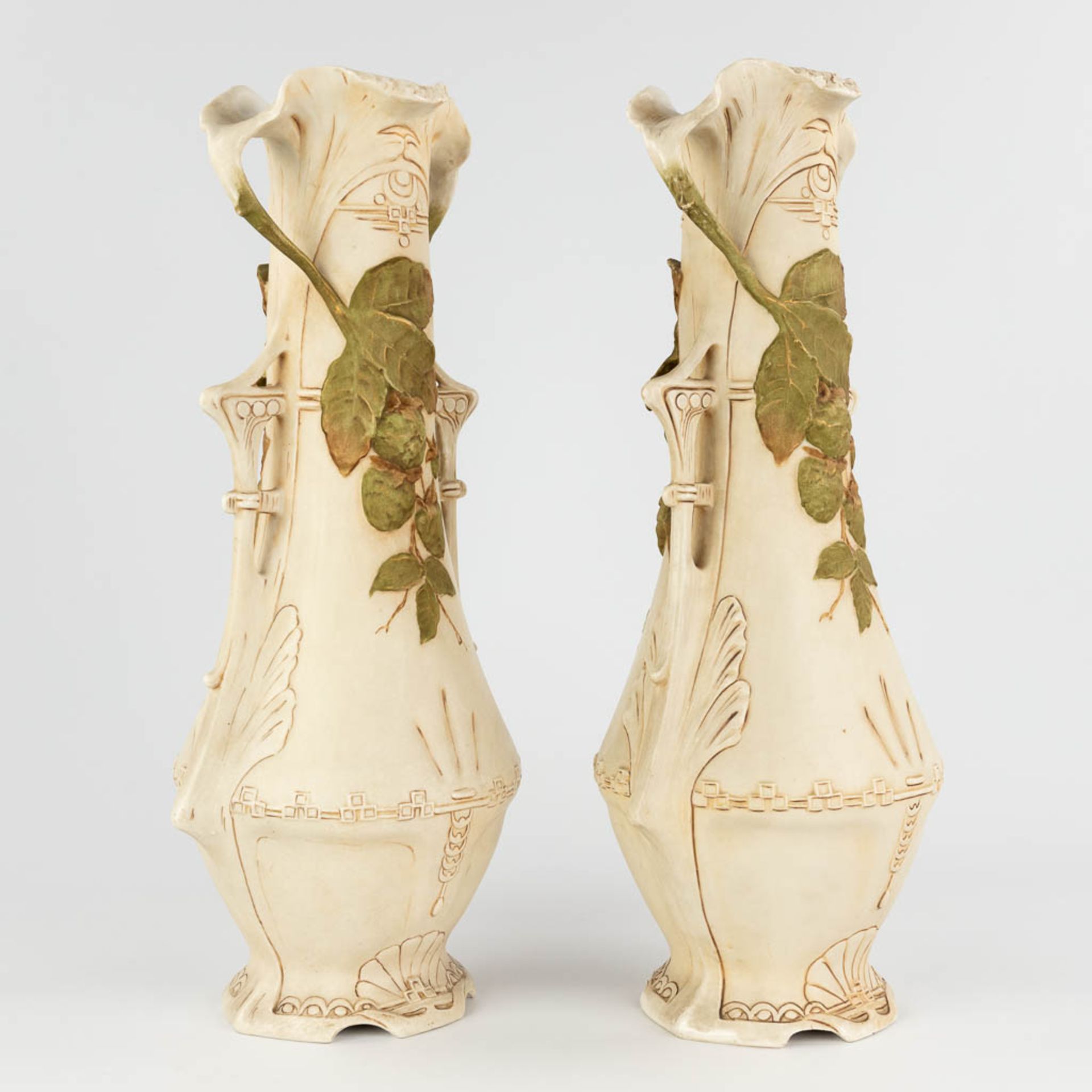 Royal Dux, a pair of faience vases, art nouveau. Circa 1900. (D:18 x W:22 x H:48 cm) - Image 3 of 14