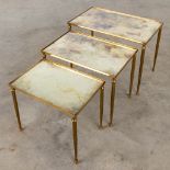 A set of 3 matching side tables with tinted glass, in the style of Maison Jansen. (D:34 x W:54 x H:3