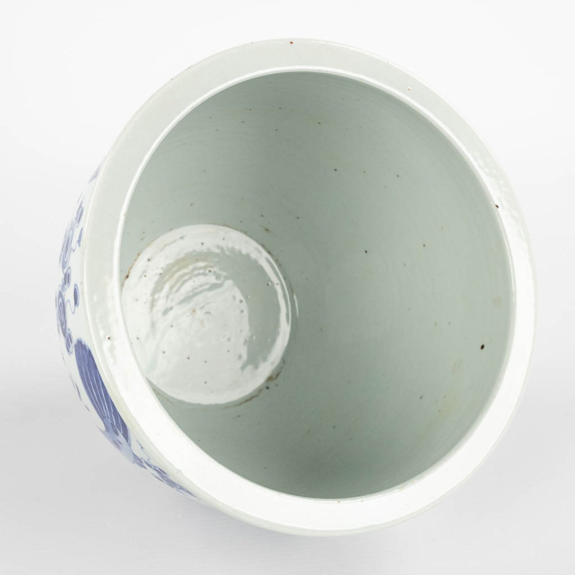 A large Chinese porcelain fish bowl, blue-white decor, 18th/19th C. (H:17 x D:22 cm) - Image 8 of 11