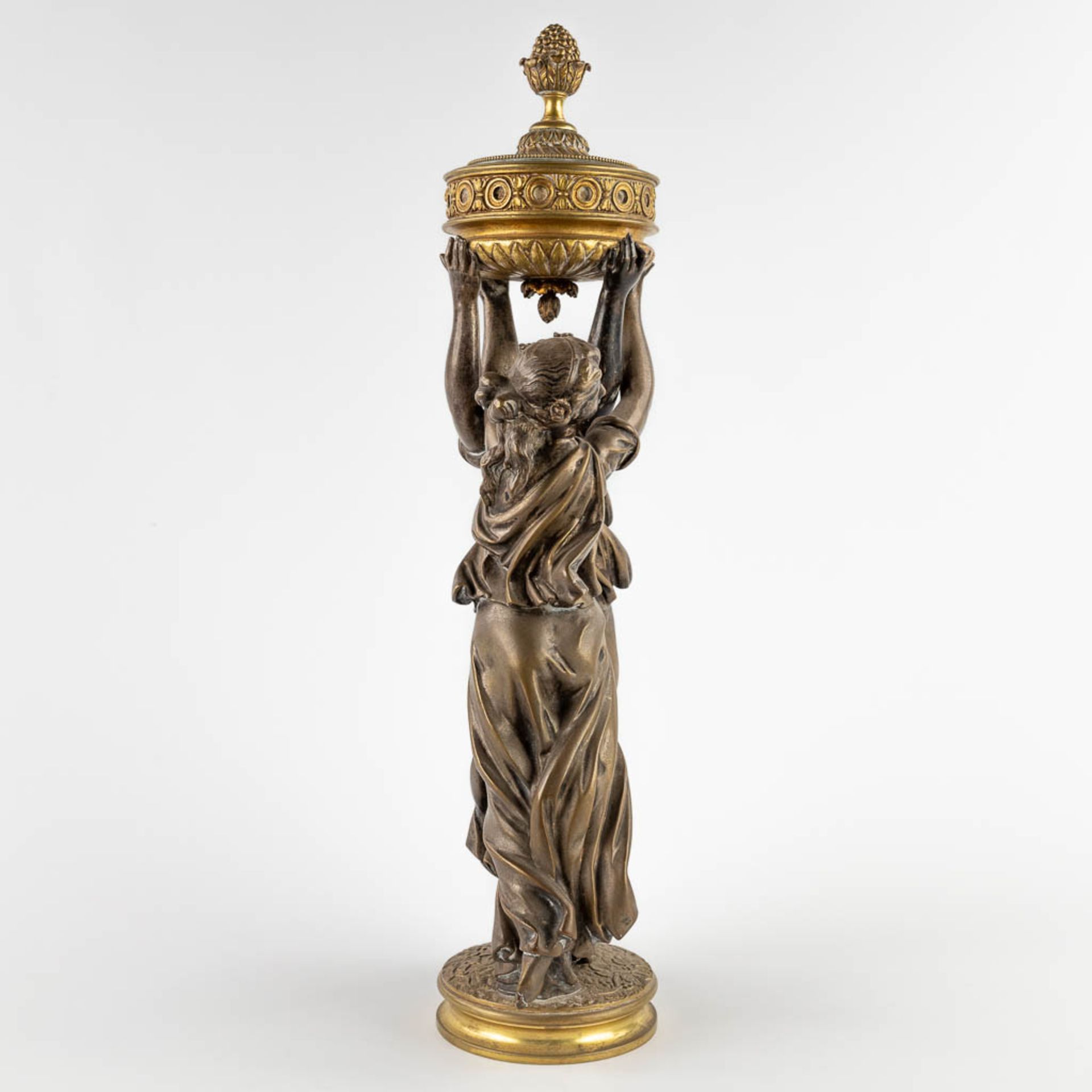A large figurine of two graces, silver-plated and polished bronze. 19th C. (D:10 x W:18 x H:53 cm) - Image 3 of 11
