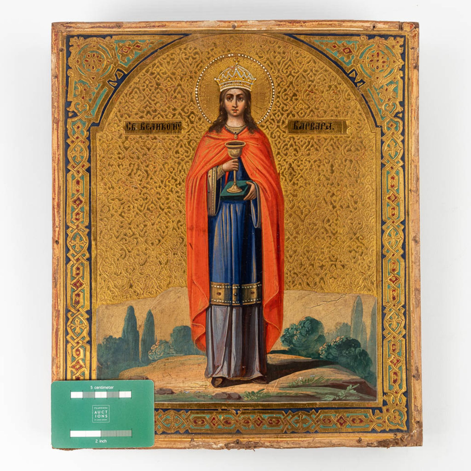 An Antique Eastern European icon, 'Saint Barbara with a Chalice'. 19th C. (W:39 x H:36 cm) - Bild 2 aus 6