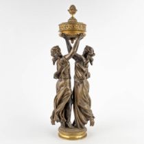 A large figurine of two graces, silver-plated and polished bronze. 19th C. (D:10 x W:18 x H:53 cm)