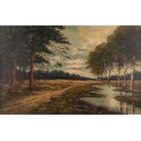View on the heath, a landscape, oil on canvas. Signed B. V. Rijn. 20th C. (W:110 x H:70 cm)