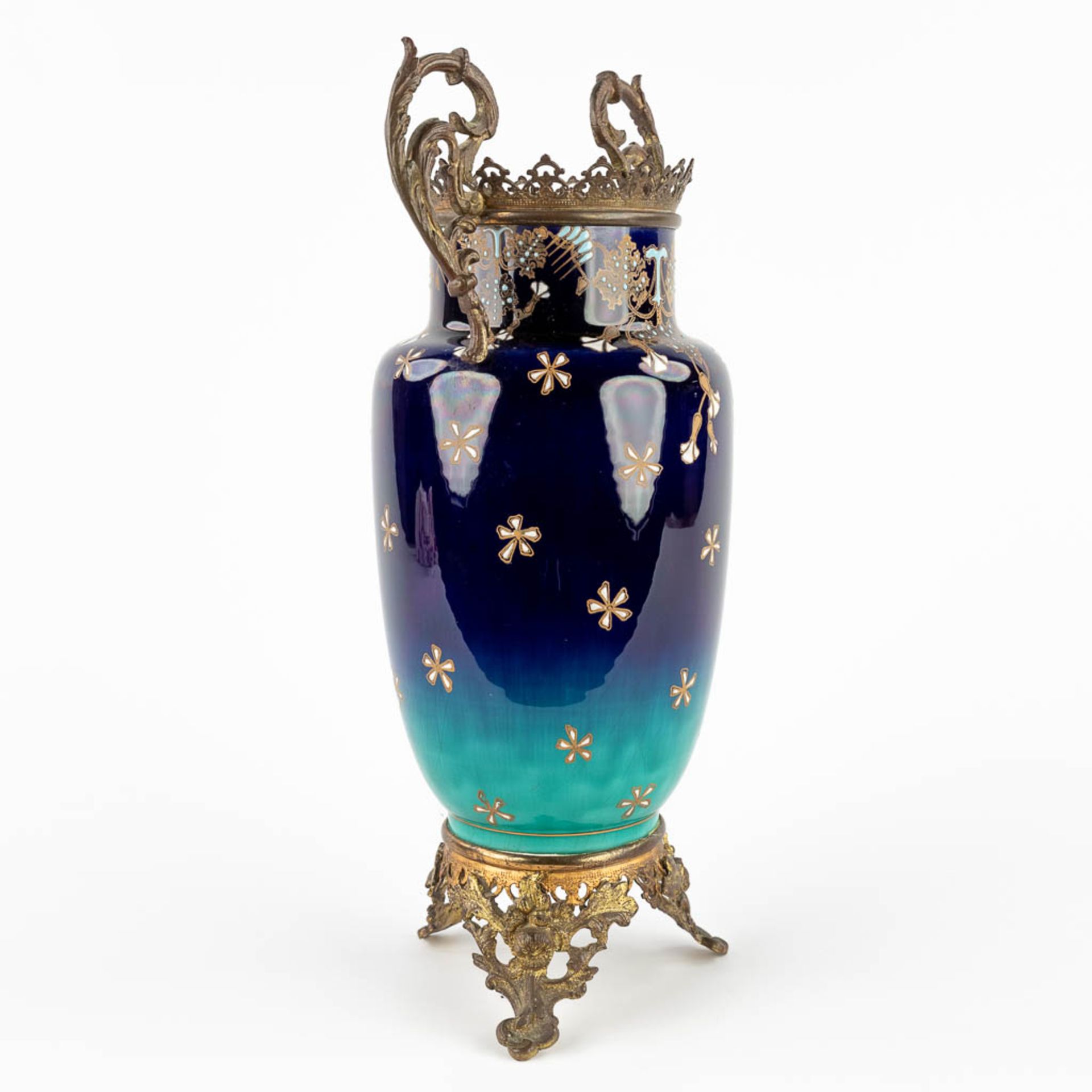 Luneville, a large brass mounted faience vase with starry sky decor. Art Nouveau. (D:15 x W:20 x H:3 - Bild 3 aus 12